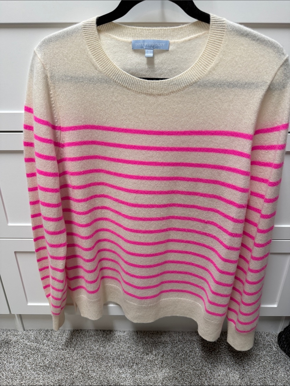 Antonio Melani Cashmere Striped Crewneck Sweater in Cream with Hot Pink Stripes